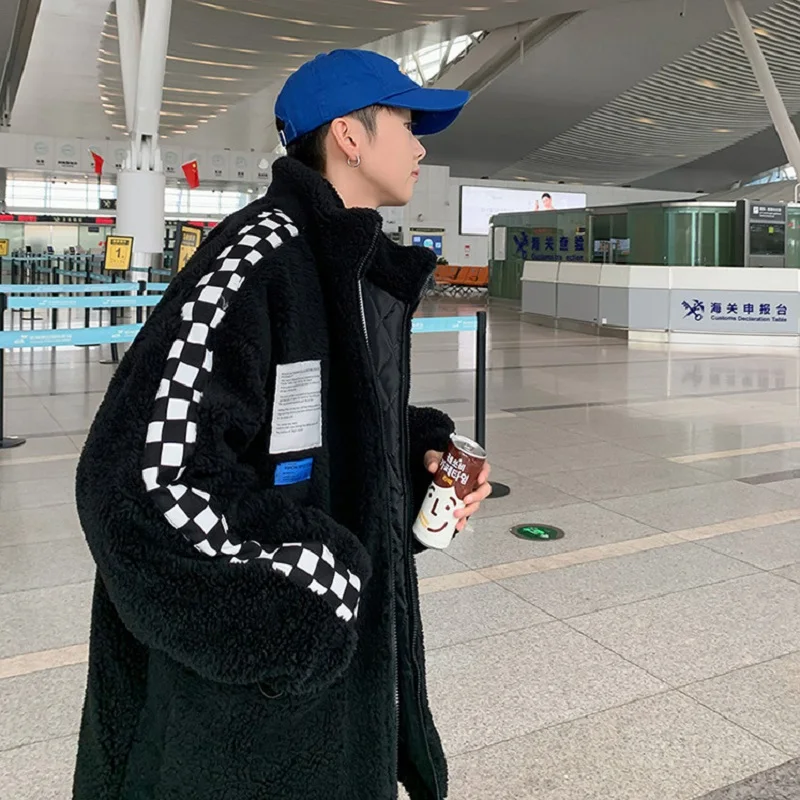 Men's Fashion Imitation Lamb Wool Coat Plus Velvet Thick Plaid Stitching Cotton Clothing Ins Trend Couple Warm Winter Jacket