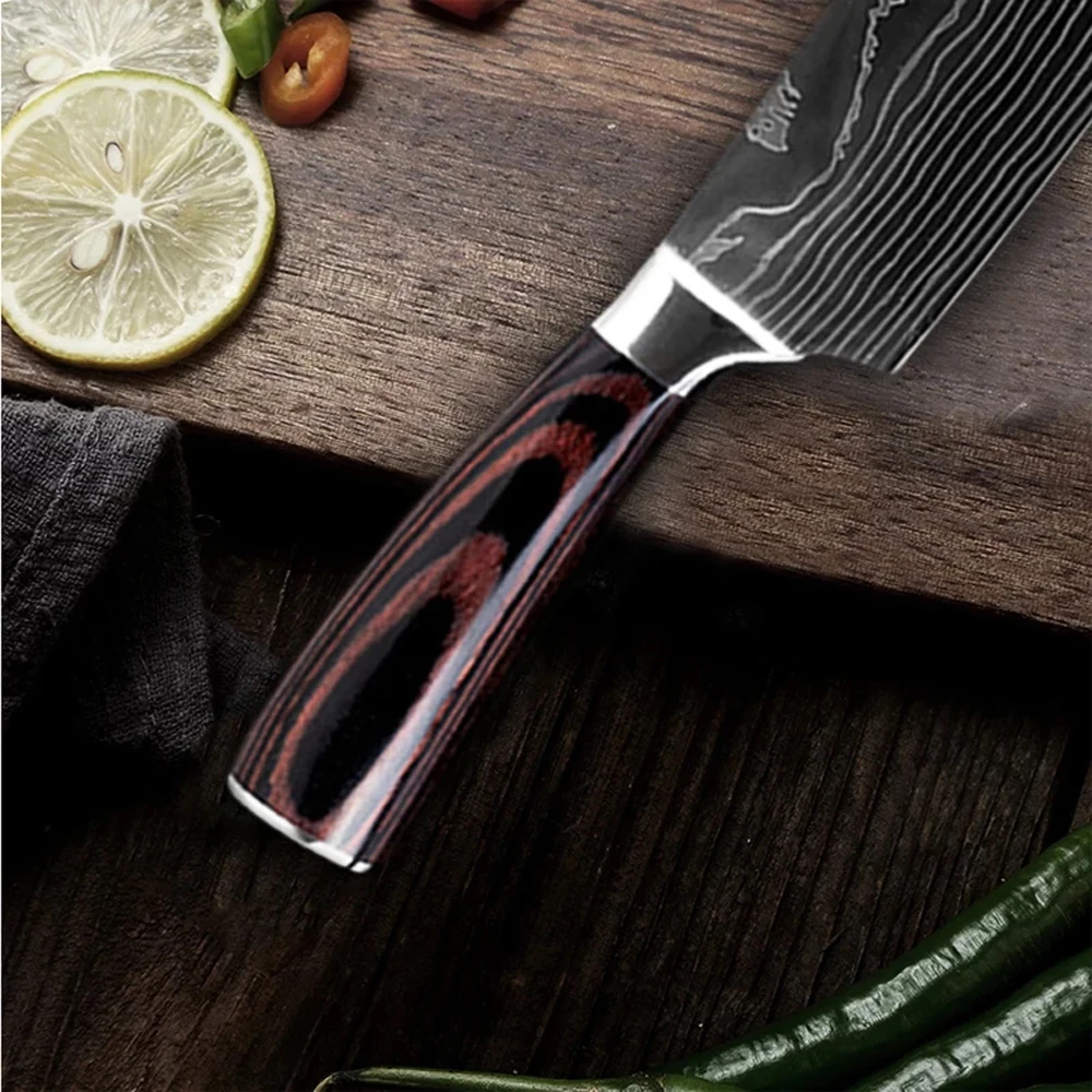 

Damascus laser textured 8-piece chef knife fruit knife bread knife