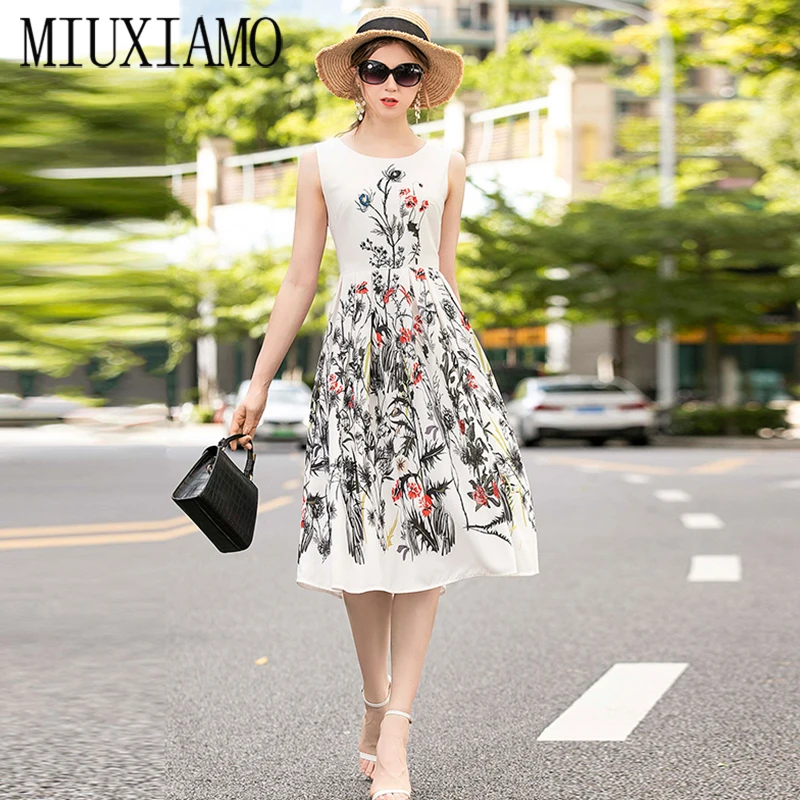 

MIUXIMAO 2020 Summer Dress Newest Cute colourful Print Flower Elegant Slim Casual Dress Women Vestidos