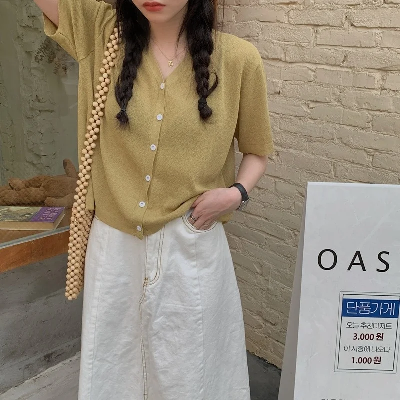 Свободный однотонный Повседневный Универсальный вязаный кардиган в Корейском