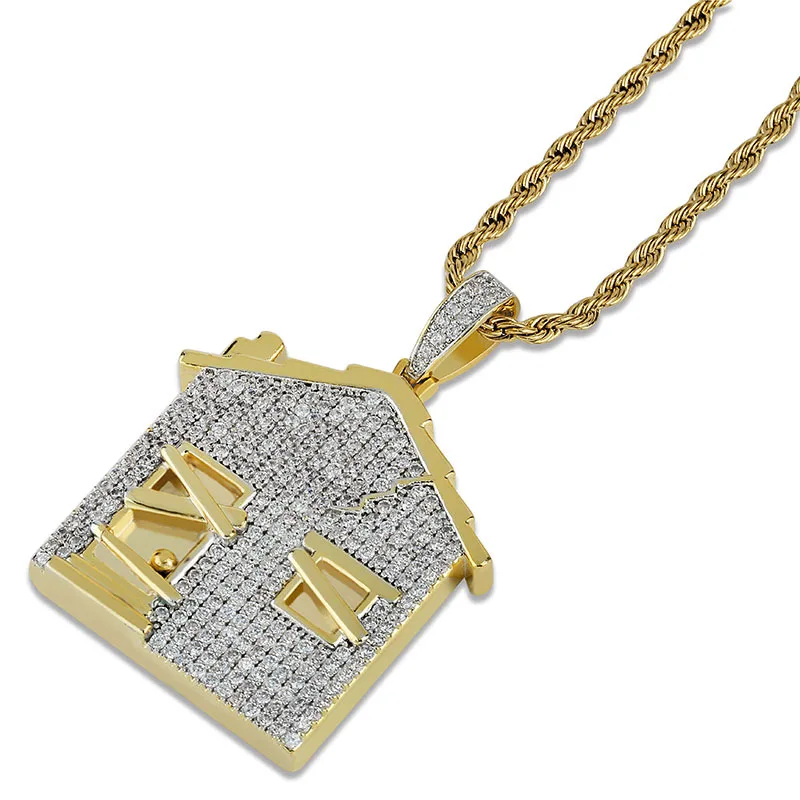 Micro Paved AAA + кубический цирконий Iced Out двухцветный Bling House подвески ожерелье для