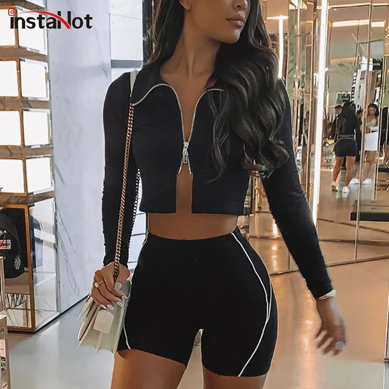 InstaHot/черные и белые футболки на молнии короткий топ с длинными рукавами Тонкий отложной воротник женские осенние однотонные уличные повседневные футболки