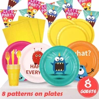 monster theme party supplies disposable tableware plates cup banner cake topper birthday party decorations kids boys girls favor