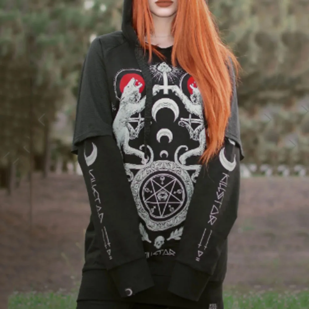 

Autumn 2021 Women's Gothic Fashion Solid Color Printing Hoodie Western Style Fake Two High Street Design Casual Long Sleeve