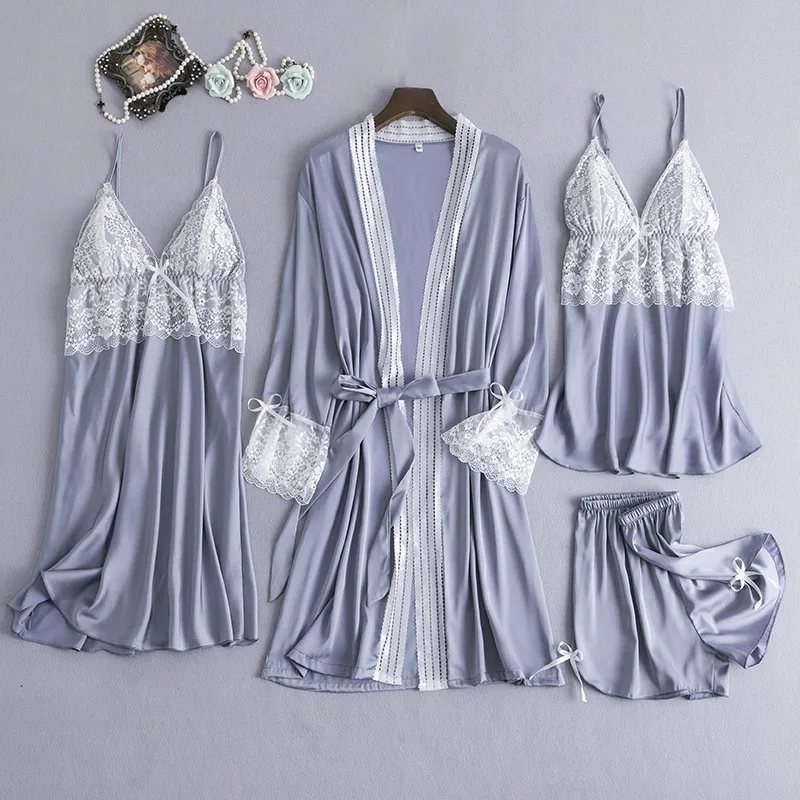 

Silky Satin Robes Suit Sexy 4PCS Bride Bridesmaid Dressing Gown Ladies Lace Trim Kimono Robe Wedding Party Nightgown Sleepwear