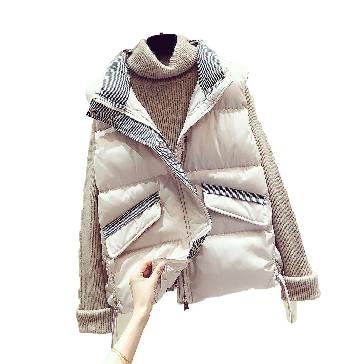 

Fall Winter Pure Color Cotton Feather Waistcoat Female Loose Color Matching Vest Tank Top Coat