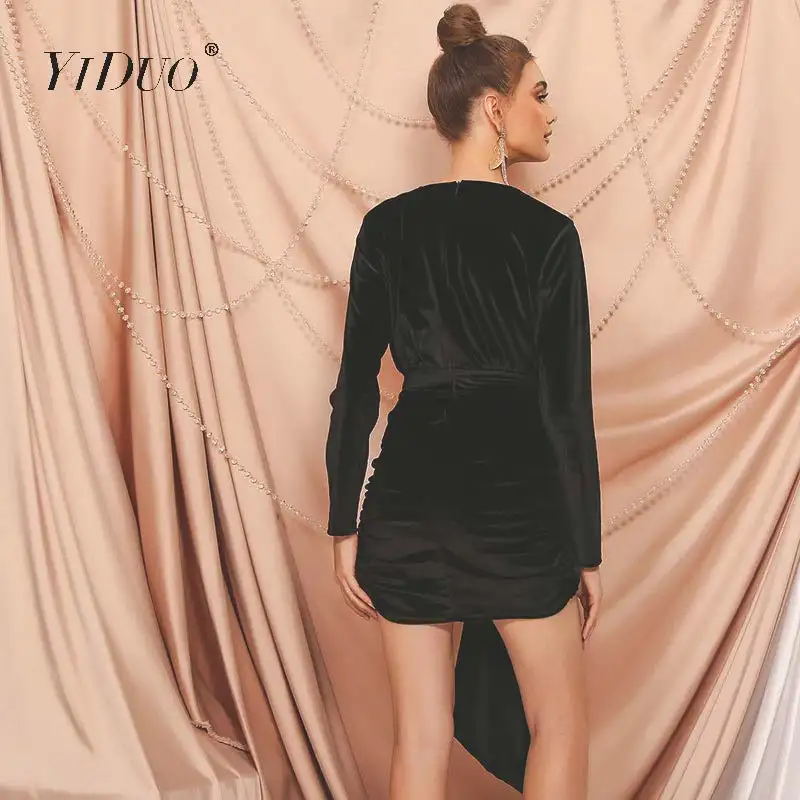 

YiDuo Black Red Velvet Dress 2020 New Spring Long Sleeve Sexy Sashes Wrap Party Dresses Women Fashion Bodycon V Neck Mini Dress