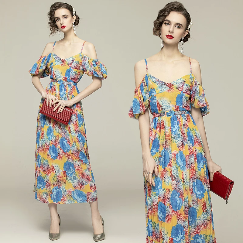 

Simgent Summer Beach Maxi Long Pleated Flared Sling Chiffon Printing Dress With Belt Vestidos Robe Femme SG012147