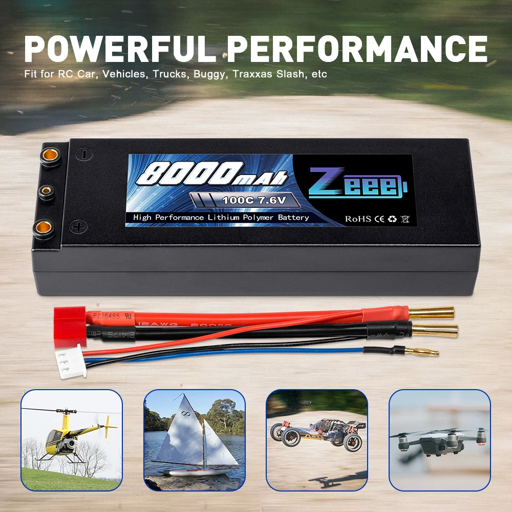 Zeee 7.6V 8000mAh 100C Lipo Battery Hard Case RC Car Charger with 4mm Bullet Deans Plug for Truck Buggy | Игрушки и хобби