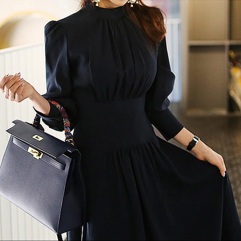 

COIGARSAM Brief Women dress New Lantern Sleeve Stand Neck Dresses Navy 8123