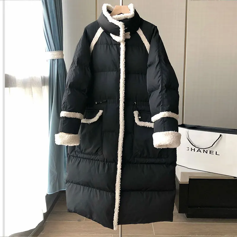 Long Lamb Wool Stitching Down Jacket Winter Female Coat Fashion Stand Collar Elegant Jacket Slim Warm Parkas New Women Outerwear