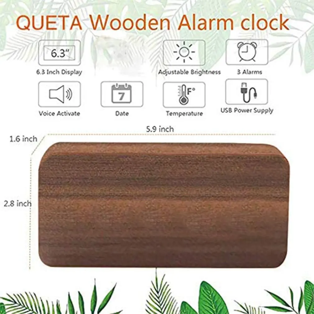 

Led Wooden Alarm Clock Voice Control Mute Temperature Digital Alarm Clock For Bedrooms USB/AAA Powered Electronic Desktop Clocks