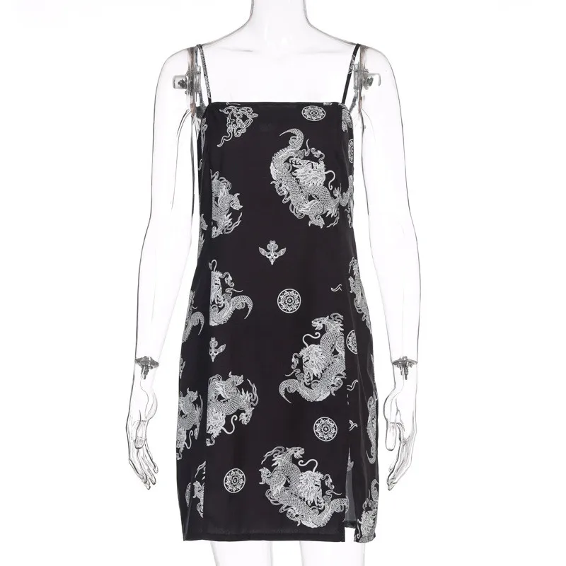 

Dragon Print Sleeveless Slit Mini Dress Gothic Harajuku Sexy Bodycon Tight Short Dress Women Summer Streetwear Dresses