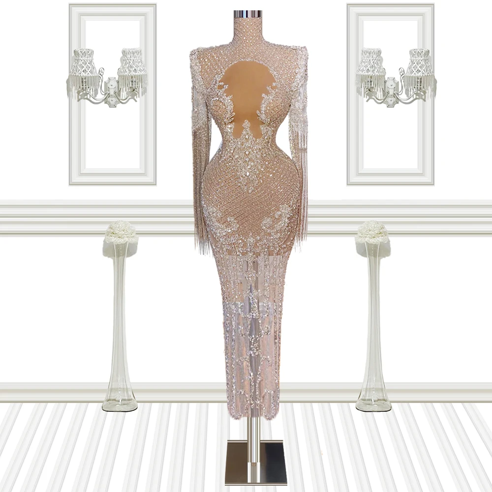 

Long-sleeved medium-and long-style beaded sequined evening dress بأكمام طويلة متوسطة و طويلة نمط مطرز مطرزة مساء اللباس