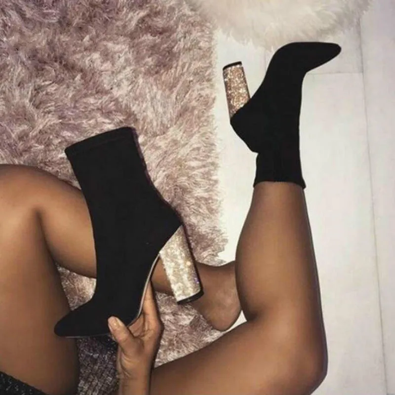 Женские ботильоны из эластичной ткани с острым носком и блестками короткие