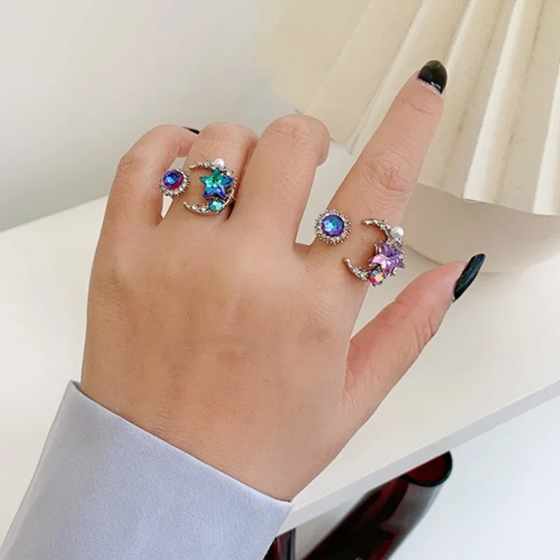 HUANZHI 2020 New Korean Trendy Elegant Color Crystal Inlaid Imitation Pearl Star Moon Alloy Rings for Women Girls Party Jewelry | Украшения