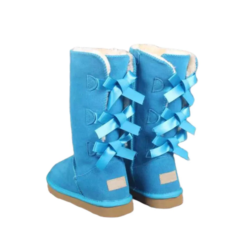 

Winter new three high knot high top cowhide snow boots women's bow tie cowhide bottom Plush warm women's snow boots