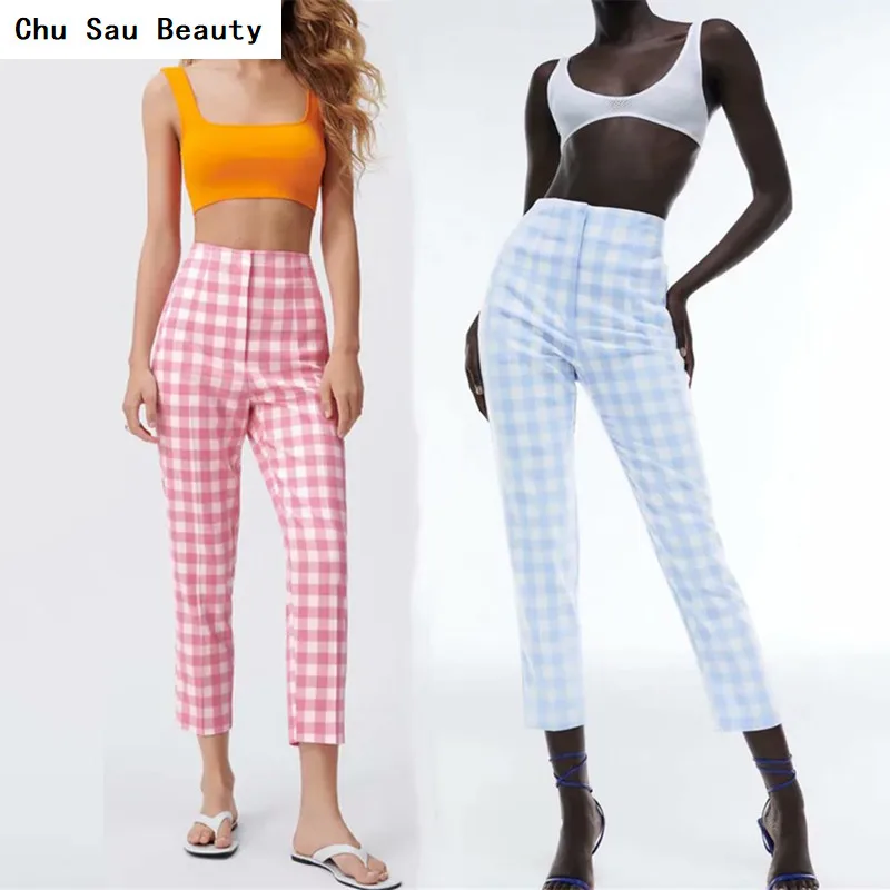 

Chu Sau Beauty 2021 Women's Za New Pink& Blue Plaid Office Casual Trousers Spring&Autumn Fashion High Waist Chic Suit Trousers