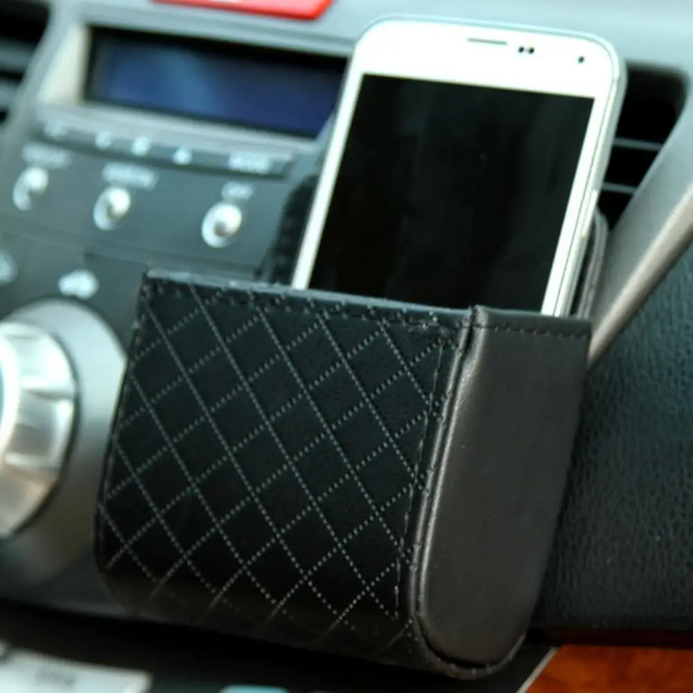 

Diamonds Pattern Car Storage Bucket Auto Outlet Air Vent Faux Leather Pouch Easy to install Mobile Phone Holder