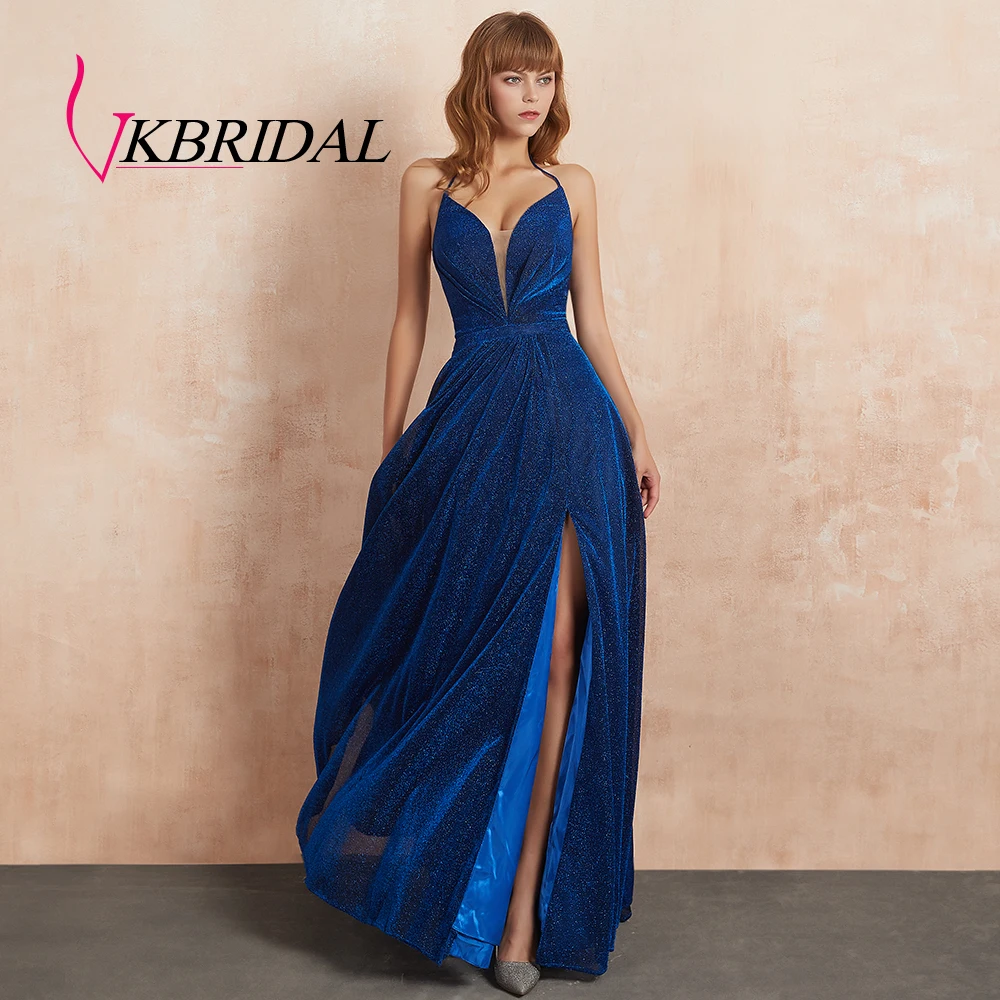 

Женское вечернее платье VKBRIDAL, длинное блестящее платье с лямкой через шею и Боковым Разрезом на спине, 2019