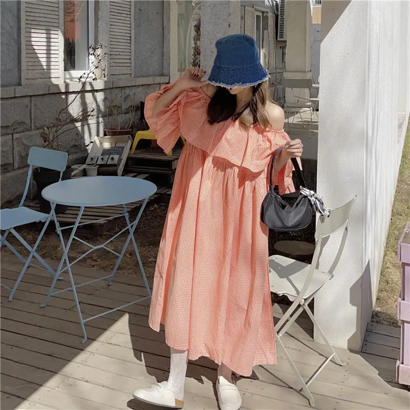 

XITAO Ruffle Strapless Slash Neck Lattice Dress Korea Age Reduction Casual Fashion Holiday Style Short Sleeve Women DressWMD0405