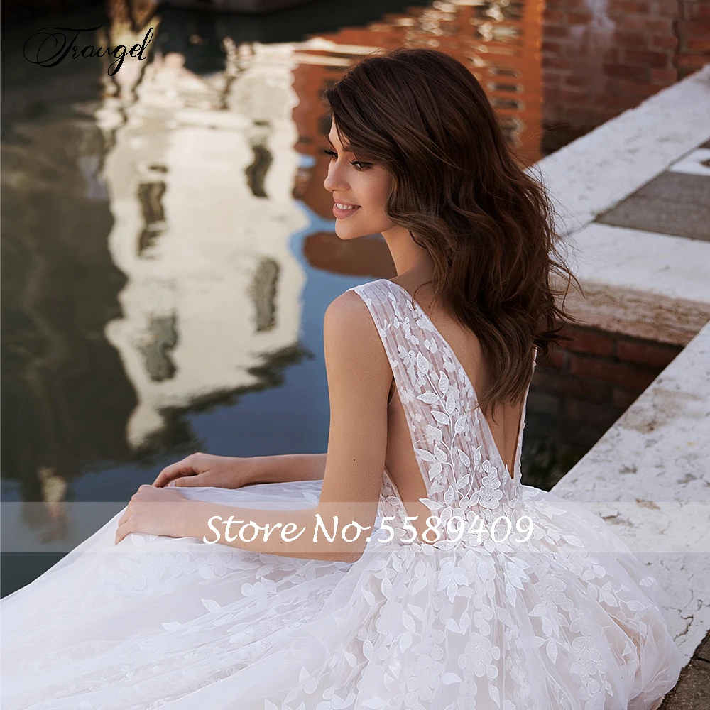 

Traugel Elegant O-Neck A Line Lace Wedding Dresses Applique Tank Sleeve Backless Bride Dress Floor Length Bridal Gown Plus Size