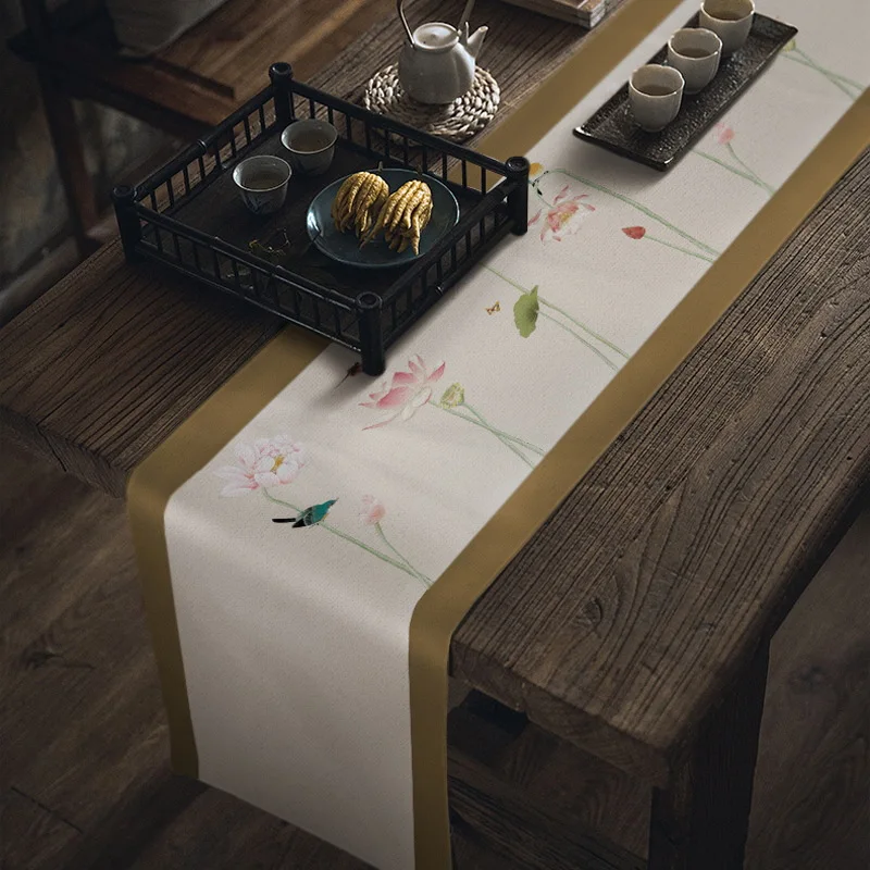 

Chinese Table Runner, Waterproof Tea Table Cloth Tablecloth, Zen Cotton and Linen Tea Coaster, Lotus Fabric Tea Mat