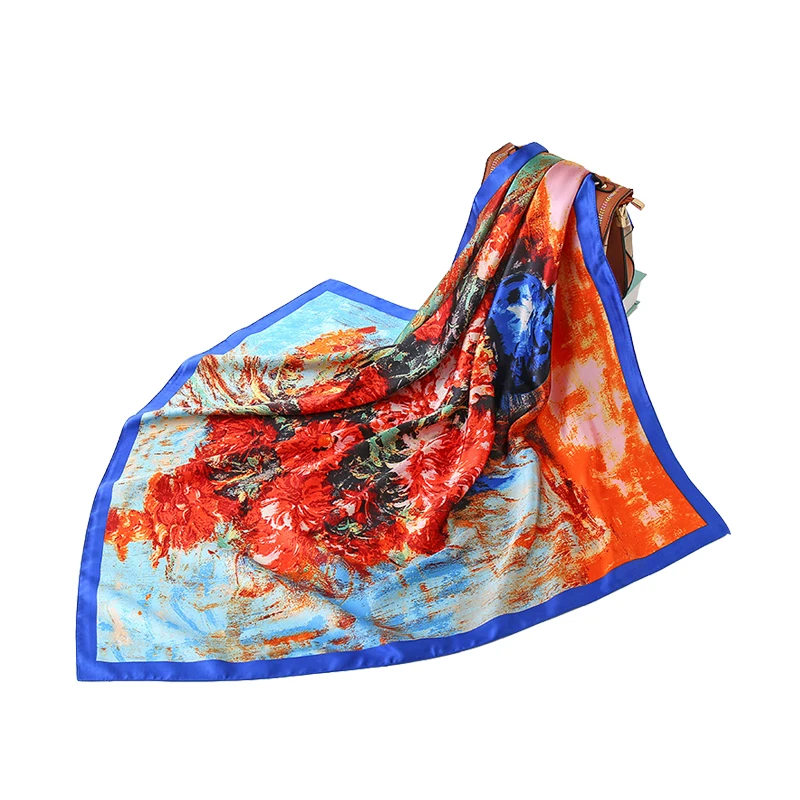 

Весенне-летний модный женский шарф картина маслом, шелковый шарф с хризантемой, женские сексуальные головные шарфы