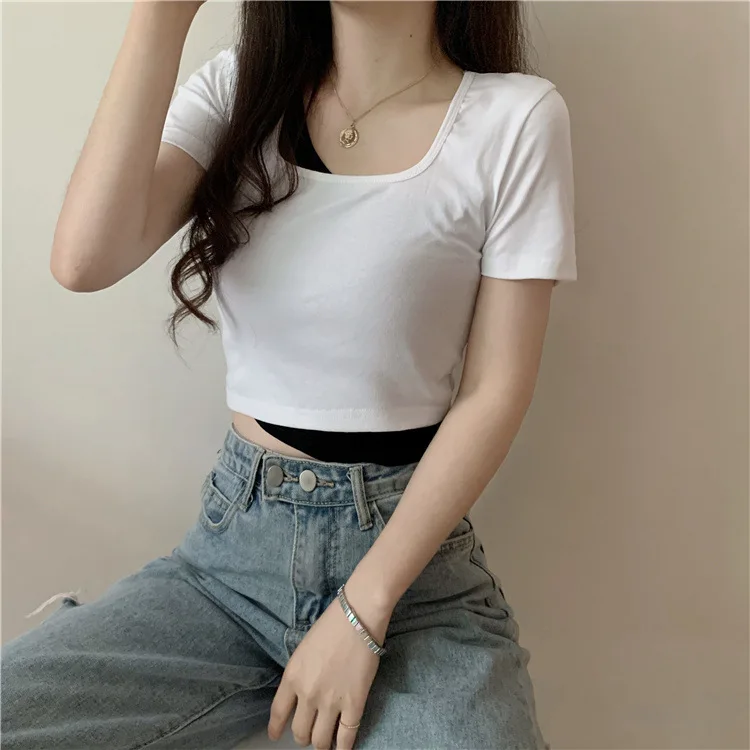 

Summer New Cotton Fake 2 Pcs Solid T Shirt Women Causal O-Neck Basic T-Shirt Male High Waist Quality Classical Female Short Tops