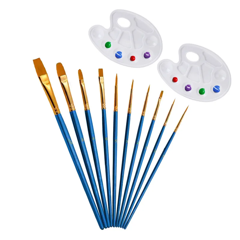 

10 pcs/lot Art Paint Nylon Hair Pen Barrel Oil Painting Watercolor Pen Art Supplies Craft Brush Set with 2 Palettes