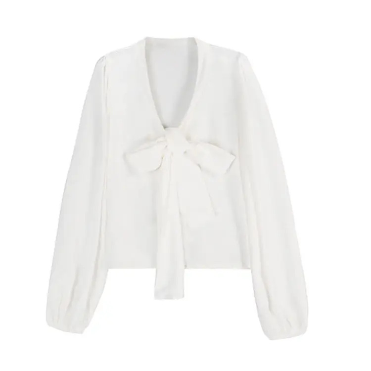 

Temperament bowknot bandage design small crowd light mature white shirt 2021 early spring new long sleeve blouse