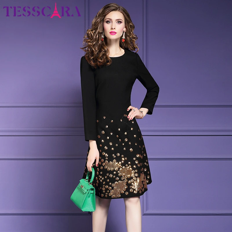 Женское осенне-зимнее роскошное офисное платье TESSCARA с блестками женское