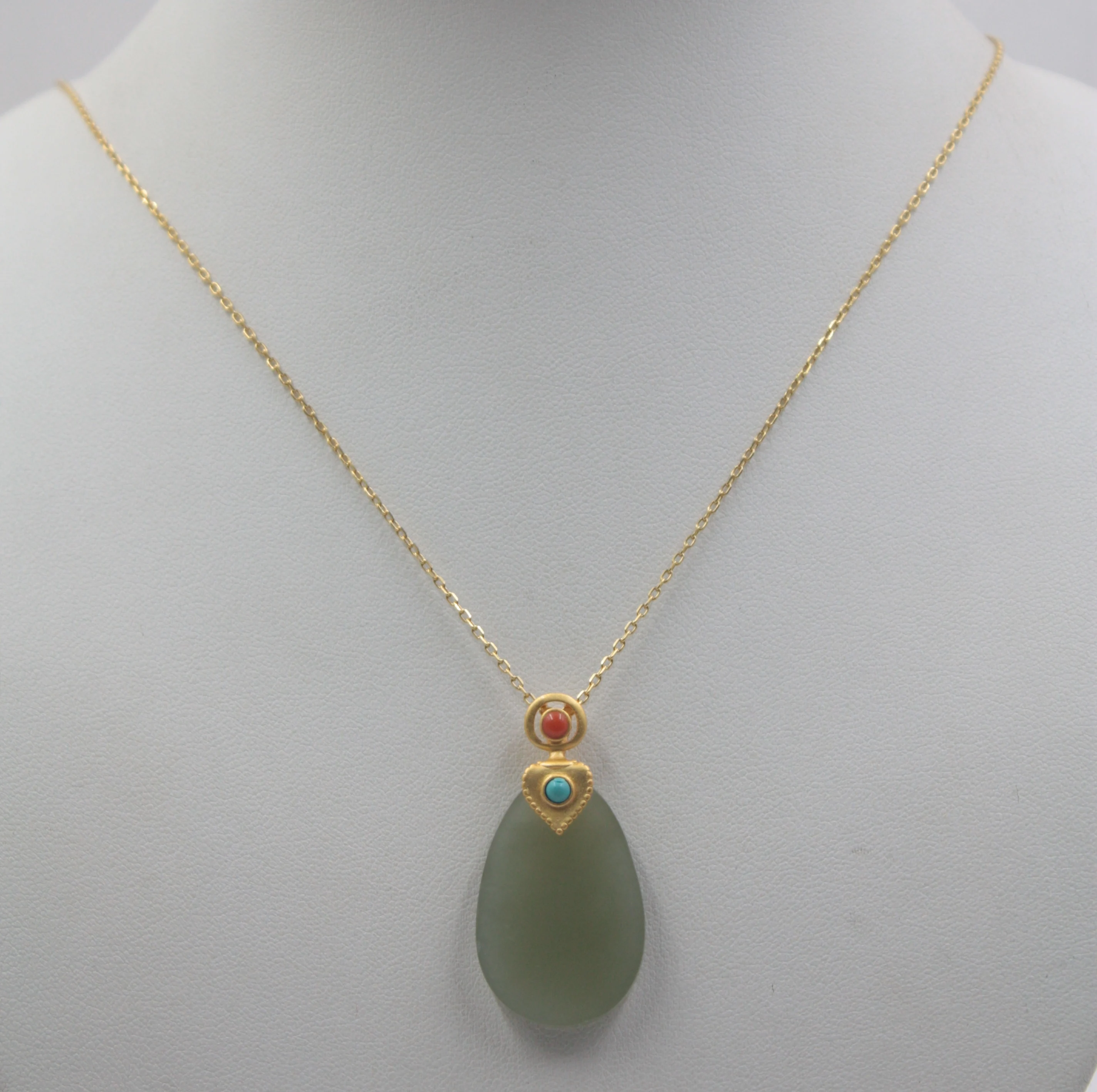 

Real S925 Silver& Hetian Jade Green Round Women's Gold Necklace Chain 16-18''L