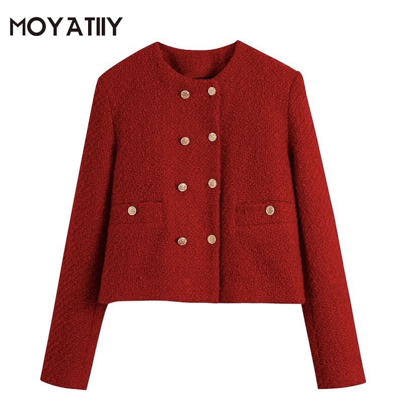 

MOYATIIY Women 2022 Fashion Tweed Cropped Jacket Coat Highstreet Red Party Overcoats with Metal Button Female Tops Outwear