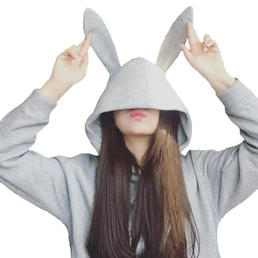 Женская толстовка с кроличьими ушками однотонная серая свободная длинными