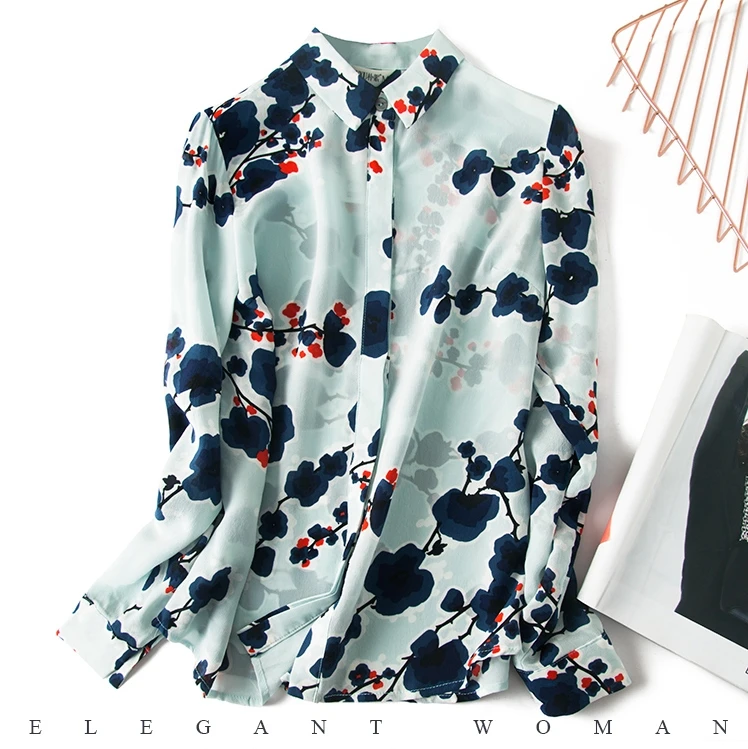 Женская 100% рубашка из натурального шелка Топ Блузка с принтом воротником на
