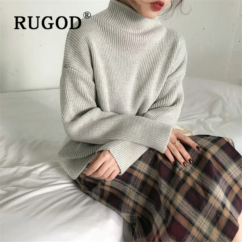 RUGOD korean solid basic sweater pullovers for women warm turtleneck loose thick knitted tops fashion casual pull female | Женская