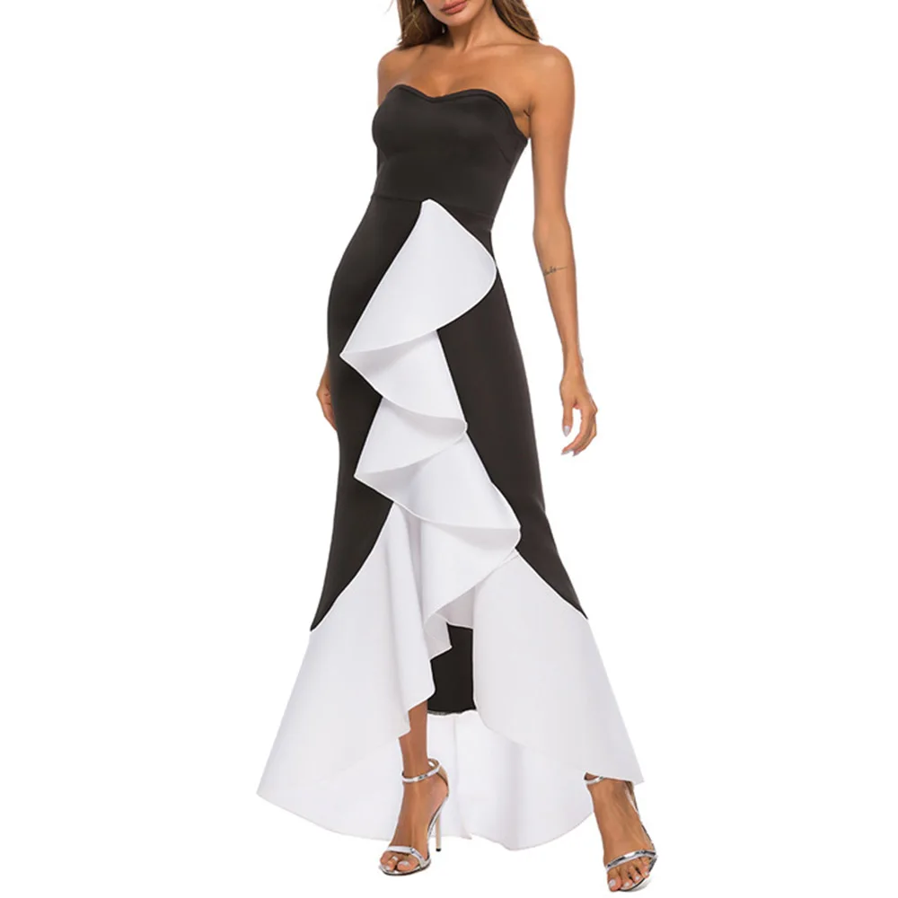 Сексуальное длинное вечернее платье без бретелек Элегантное черно-белое