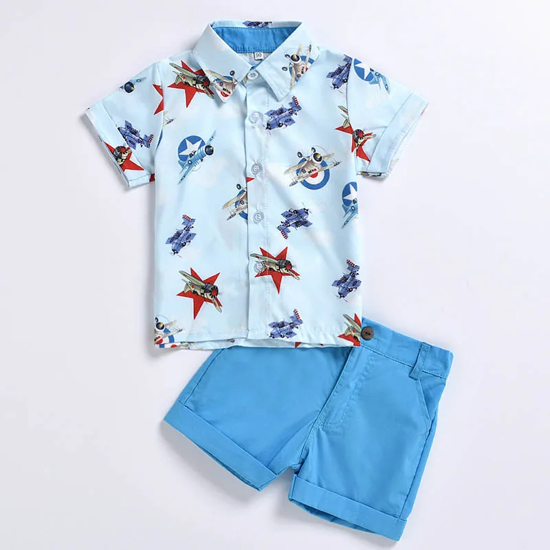 

2PCS Children's Outfit Sets Boys Lapel T-Shirt and Shorts Summer Casual Cartoon Print Kids Boy Cotton Clothes