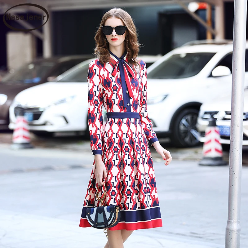 2019 осеннее Новое модное повседневное элегантное ретро платье с высокой талией из хлопка принтом и длинным