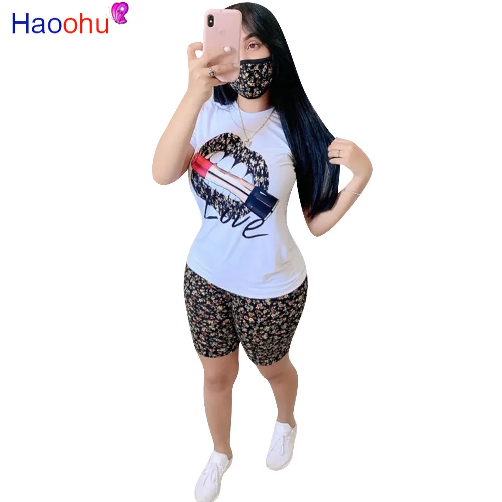 

HAOOHU Sport Women Two Piece Set Lips O-neck Tee Tops Floral Print Shorts Jogger Sweatpants Suit Tracksuit Matching Set Outfit