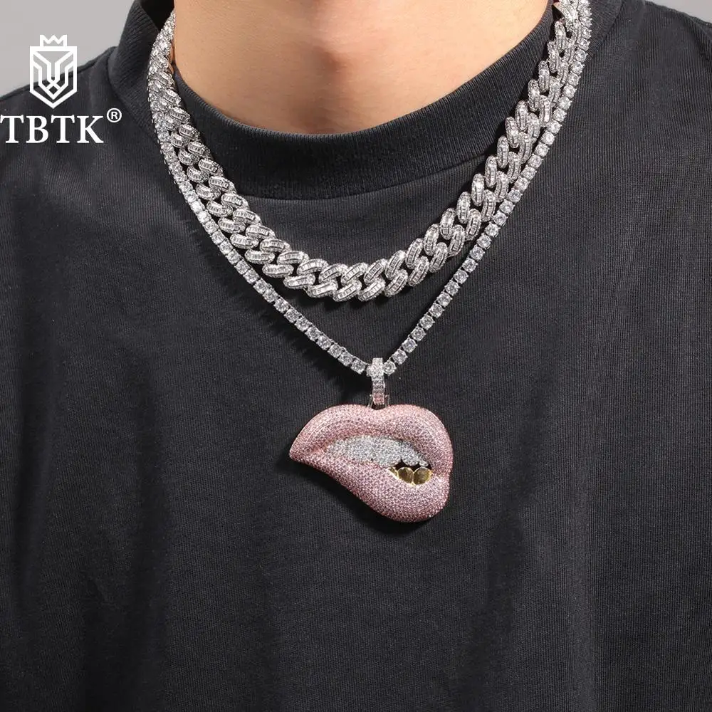 

TBTK Iced Out Micro Pink Cubic Zirconia Big Drip Lip Pendant Necklace With Tennis Chain Men and Women Hiphop Jewelry