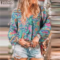 zanzea bohemain printed holiday blouse women spring shirt casual v neck long sleeve floral blusas tunic vintage lace up tops