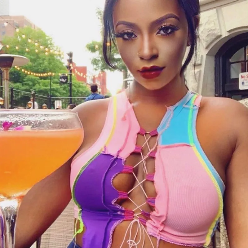 

Sexy Hollow Out Women Camisole Strap Short Tank Top Ribbed Knitting V-neck Lace Up Tie Front Crop Top Patchwork Bandage Vest