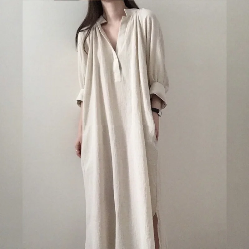 

women dress 2020 new Korean Loose Slimming Design Sense Cotton Linen Shirt Mid-Length over-the-Knee Dress Summer