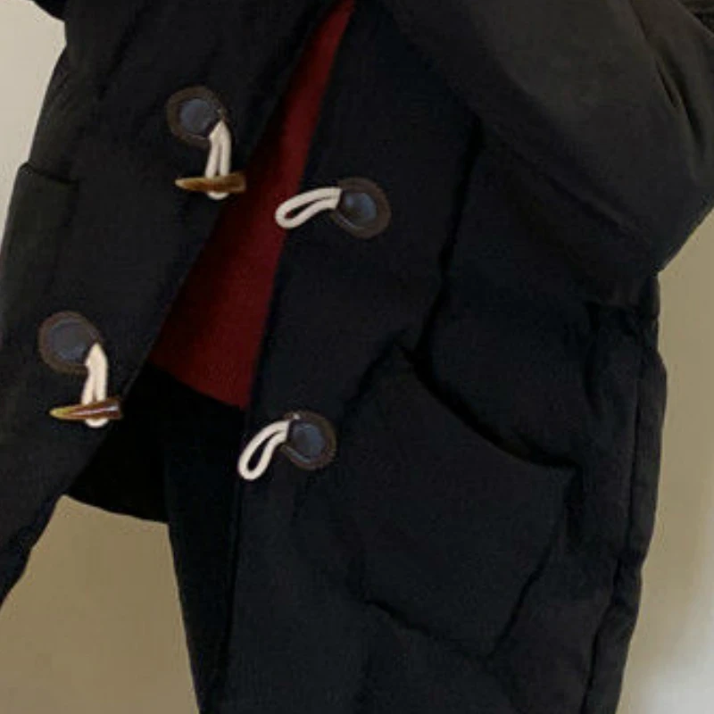 

Short Style Parkas Simple Solid Burgundy Chic Horn Button Thick Winter Vintage Femme Parka Big Pockets Loose Casual Lady Outwear