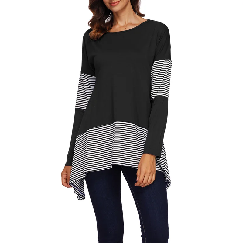 Женская свободная футболка с длинным рукавом в полоску модная Лоскутная