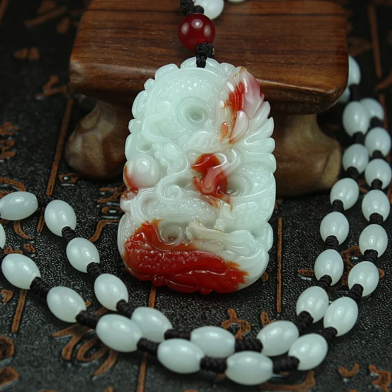 

Natural white jade pendant necklaces hand carved jadeite jade necklaces with beads necklace fine jade jewelry