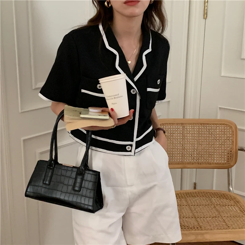

SuperAen Vintage Notched Single Breasted Short Suit Coat Casual Jacket Women