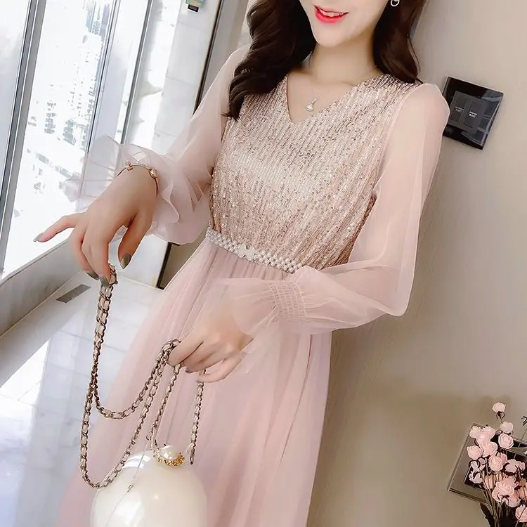 

French Style Party Dress Women V Neck Long Sleeve Mesh Sweet Fashion Spring Autumn Causal Slim New Long Dresses Retro E139